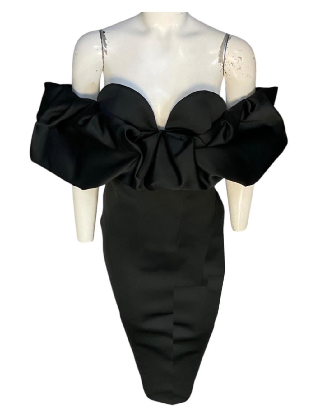 Elisabetta Franchi Black Off-Shoulder Duchess Satin Midi Dress